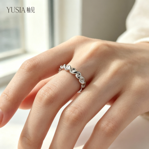 YUSIA 釉见 立体绞丝扭纹波光细款素圈银戒指