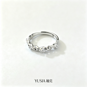 YUSIA 釉见 立体扭绳绞丝碎锆石波光银戒指