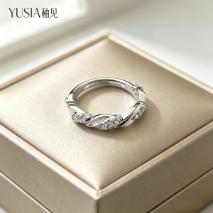 YUSIA 釉见 双带交织扭绳簇镶碎钻细银戒指